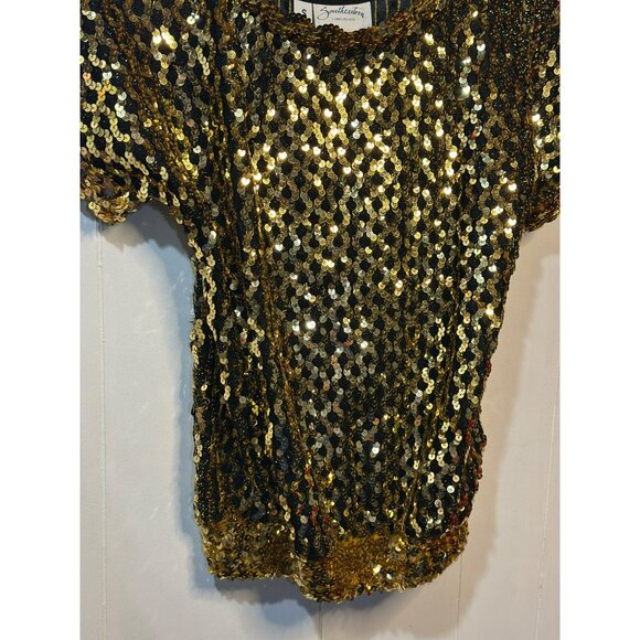 VTG Southeastern Gold Sequin Beaded Top Women Small 17"x21" Sparkle Disco Party - Picture 3 of 10